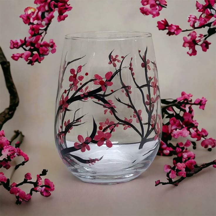 Hand Painted Cherry Blossom Glass Vase